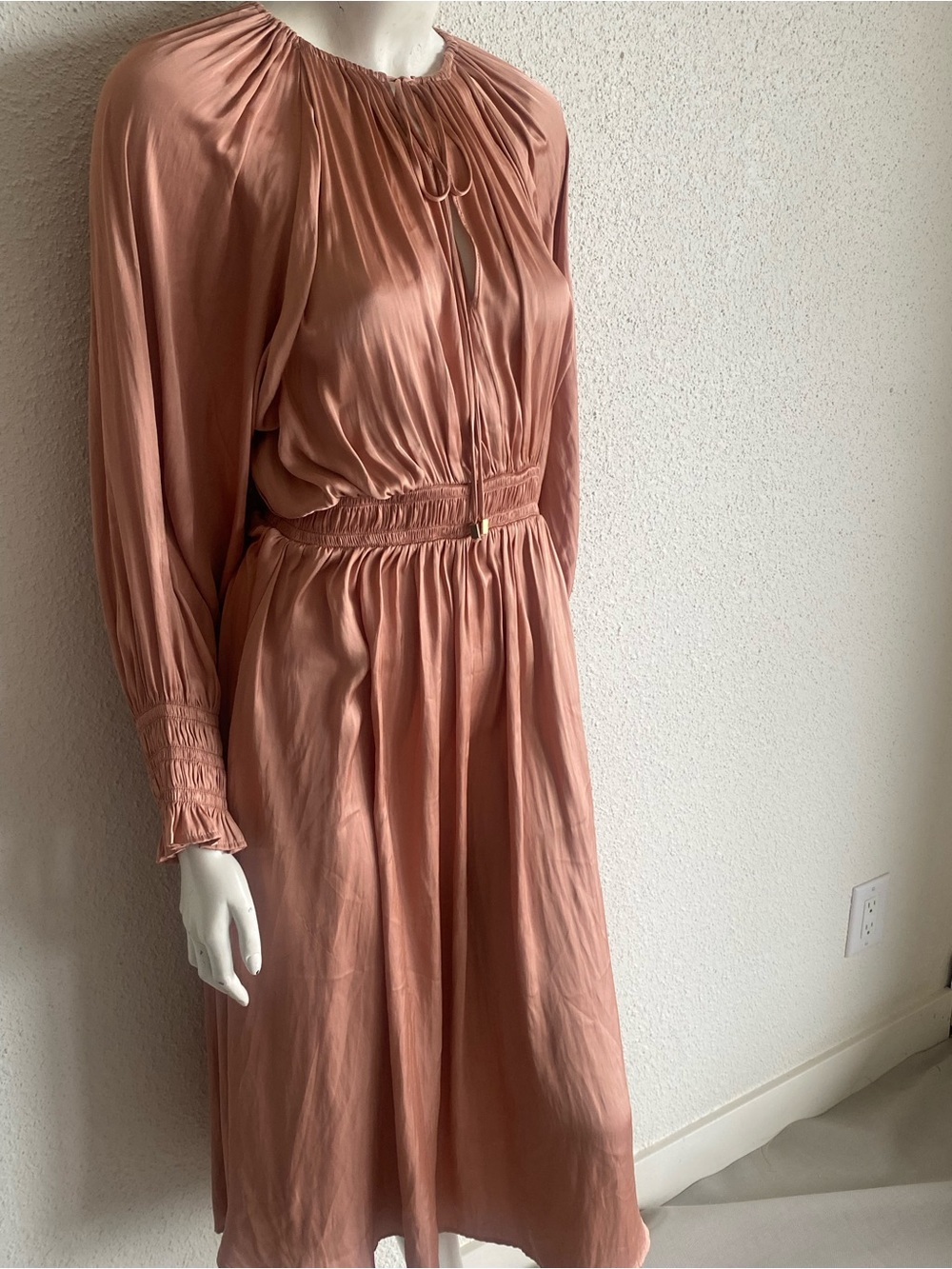 Zara Blush Satin Midi Dress Romantic Boho Balloon Sleeve Large